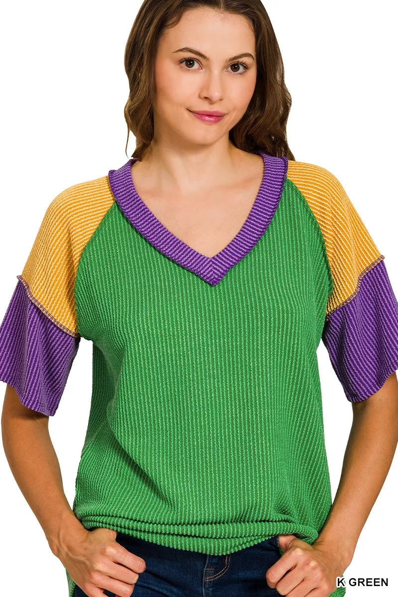 Mardi Gras Raised Rib Color Block Top