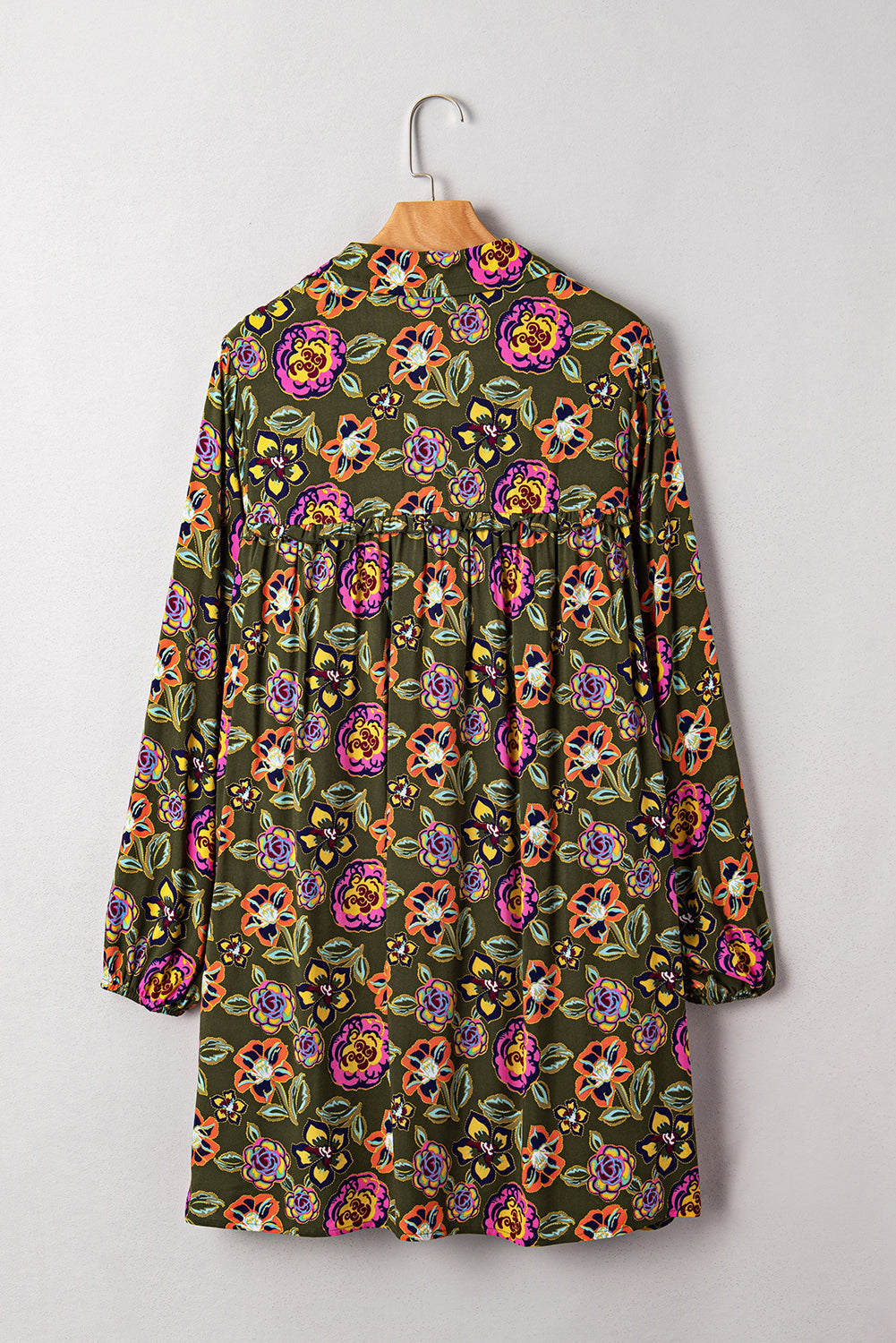 Green Floral Print Split Neck Bubble Sleeve Shift Mini Dress