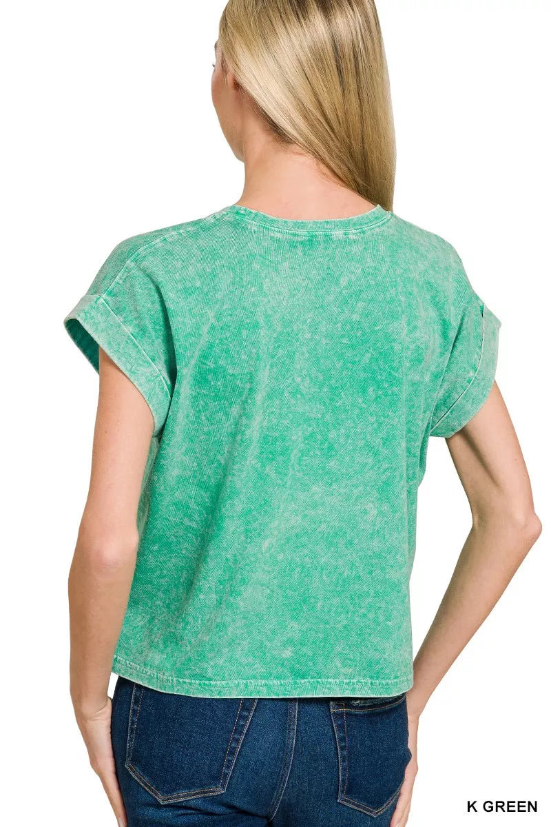 Halo Washed Cotton Cuffed Short Sleeve Top