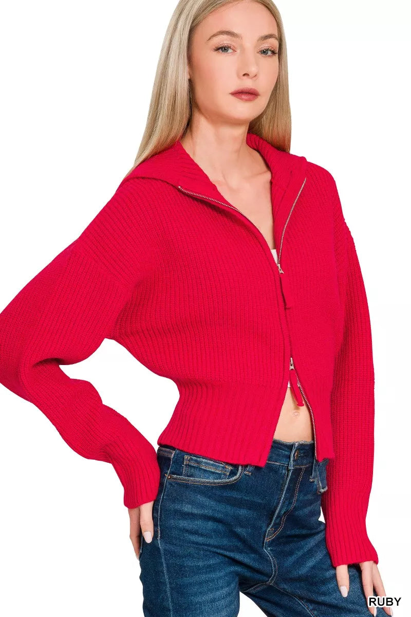 Ribbed Collared Zip Up Sweater Cardigan