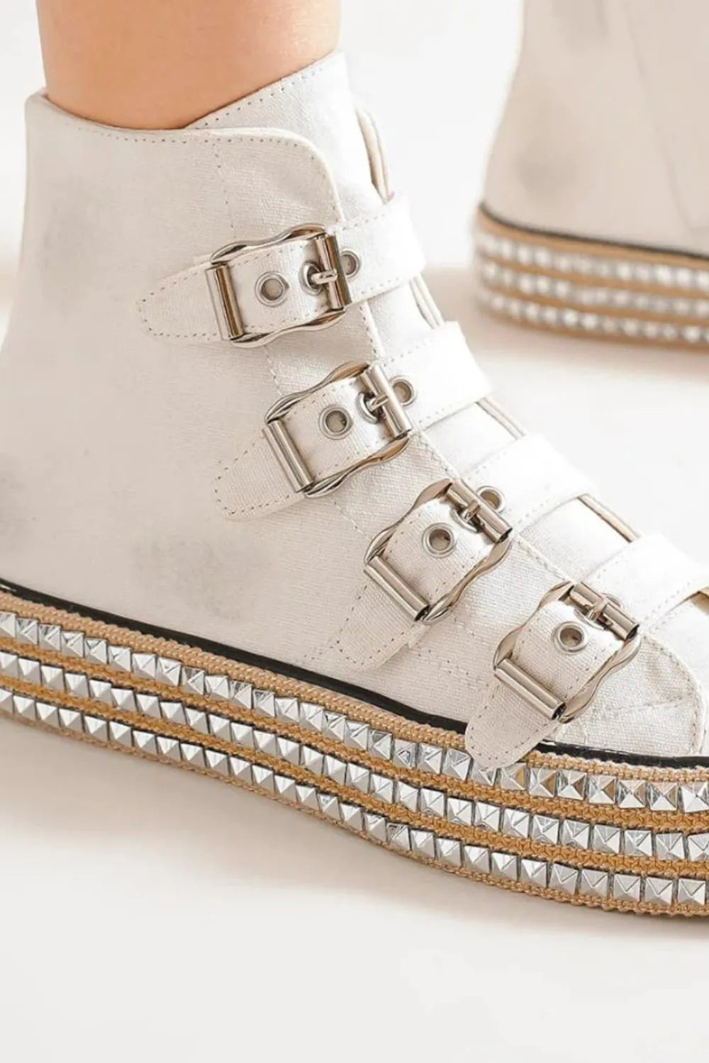 Fashion Multi-Buckle Straps Studded Platform Sneakers