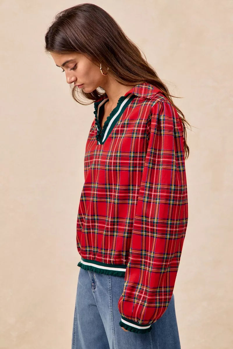 Christmas Plaid Collared Top with Ruffled Detail