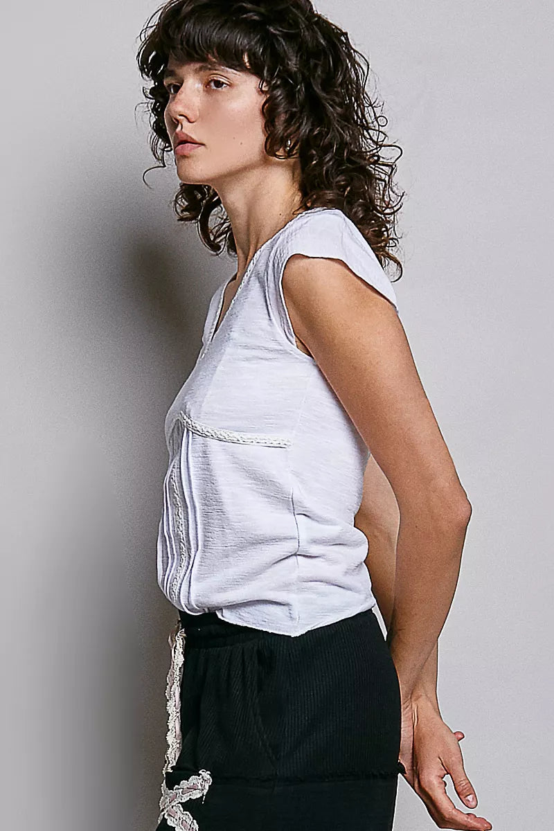 V-Neck Lightweight Textured Short Sleeve Knit Top with Lace Trim