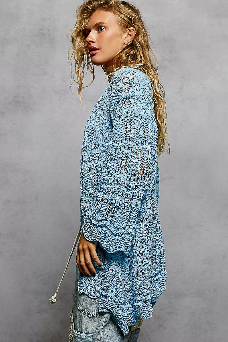 Openwork Lightweight Open Front Cardigan with Scalloped Edge