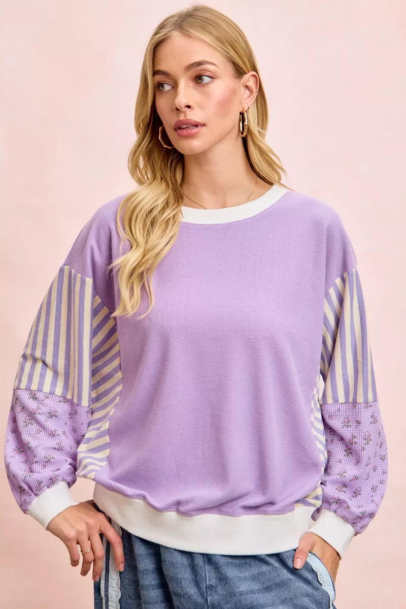 Mix and Match Sweatshirt with Floral Sleeve Striped