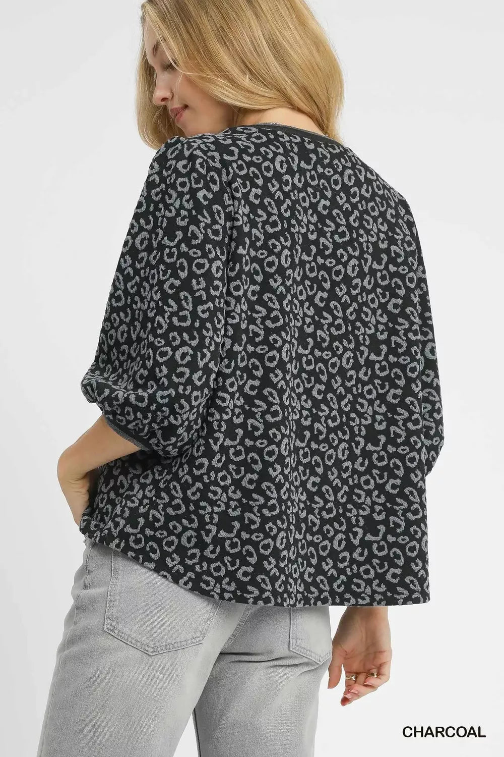 Leopard Print Jacquard Blouse with Puff Sleeves