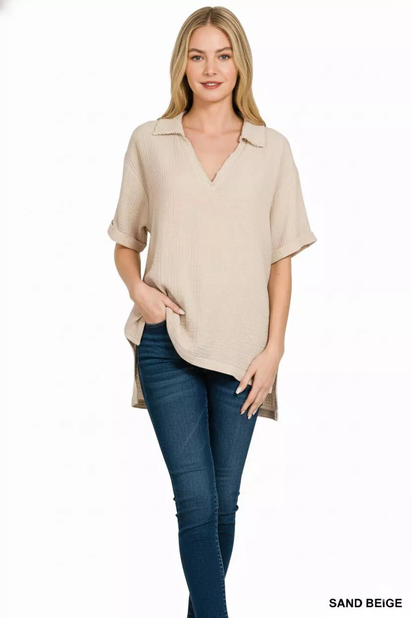 Double Gauze Short Sleeve High-Low Top