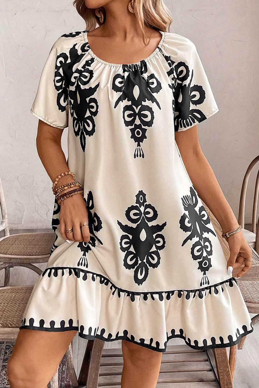 Print Ruffled Short Sleeve Loose Dress