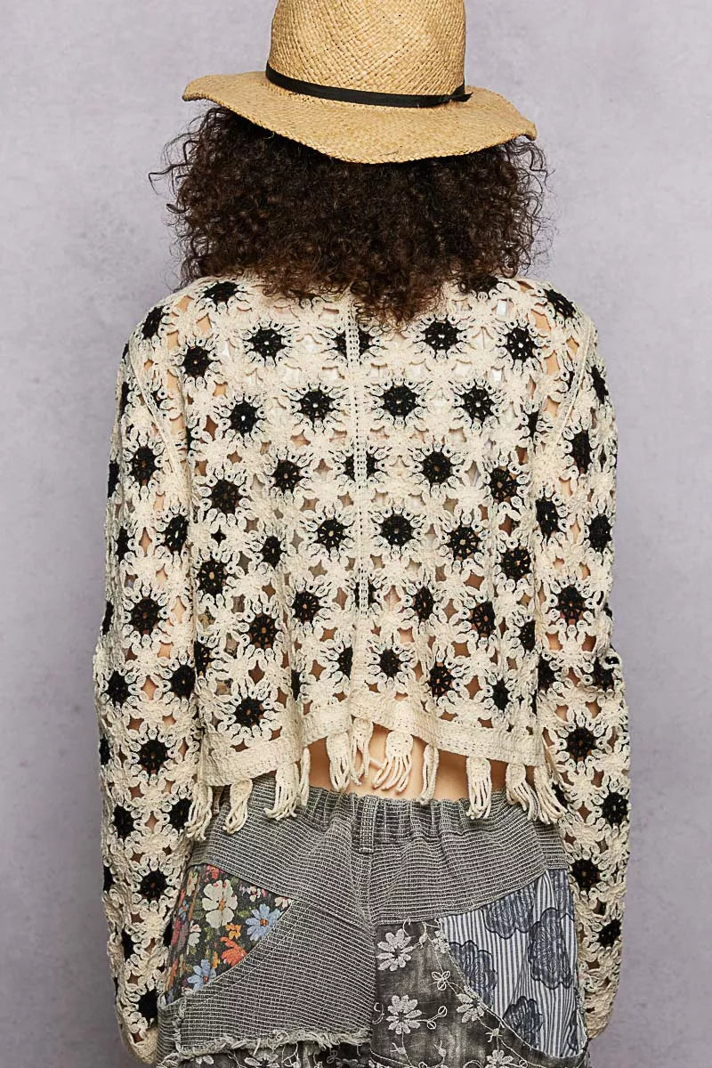 Openwork Floral Crochet Cardigan with Tassel Hem