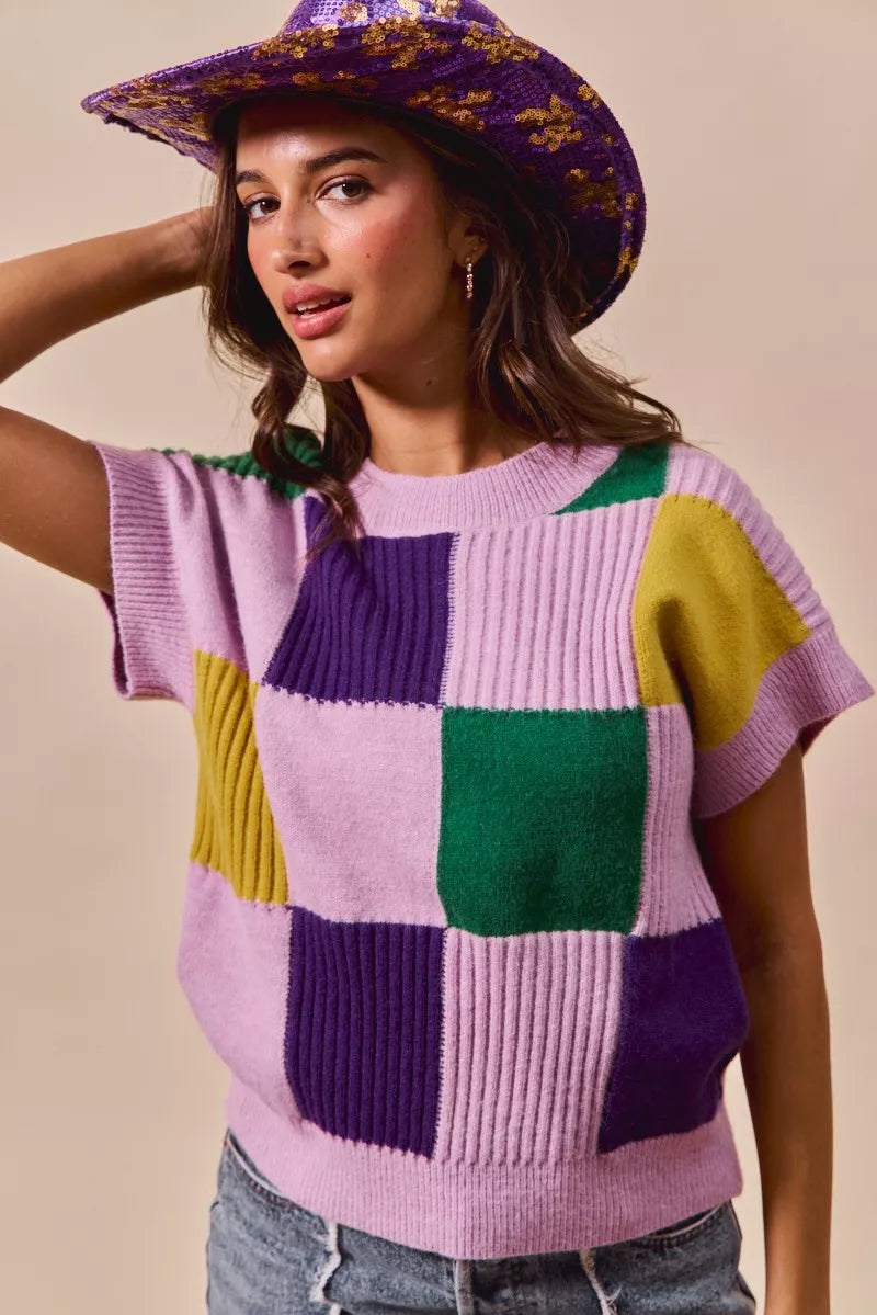 Mardi Gras Check Plaid Casual Sweater Top