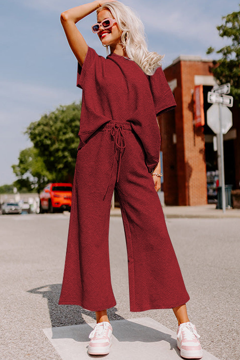 Strawberry Pink Textured Loose Fit T Shirt & Drawstring Pants Set