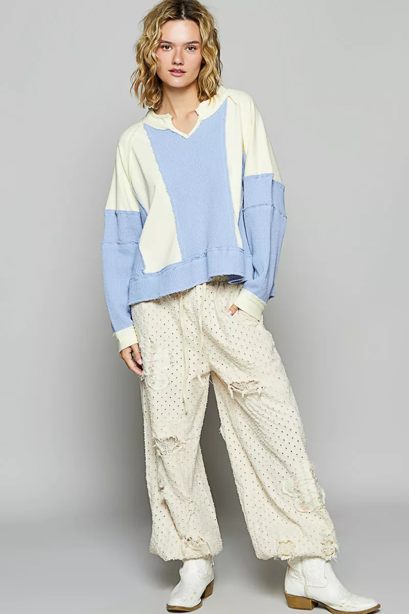 Color Block Waffle Knit Raw Hem Sweatshirt