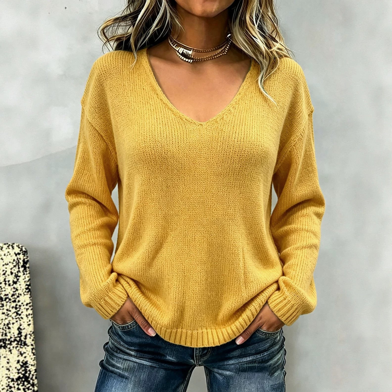 Women's Relaxed V-Neck Drop-Shoulder Pullover Sweater