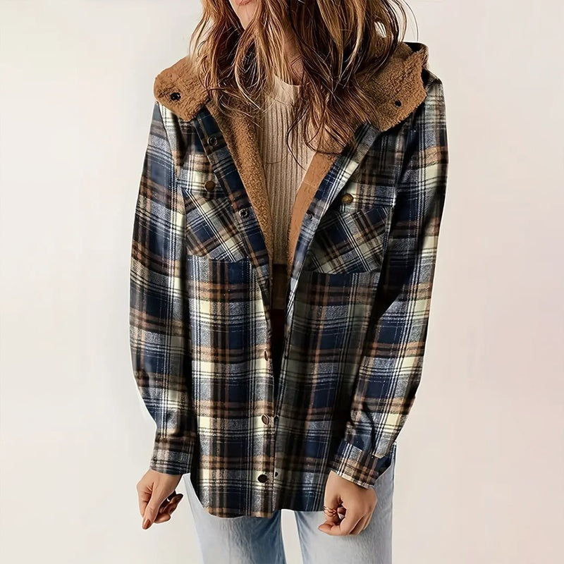 Women's Plaid Button-Up Long Sleeve Jacket Fall Winter  Flap Button Pocket Design Casual Hooded Fleece-Lined Warm Coat See size chart under “more details”