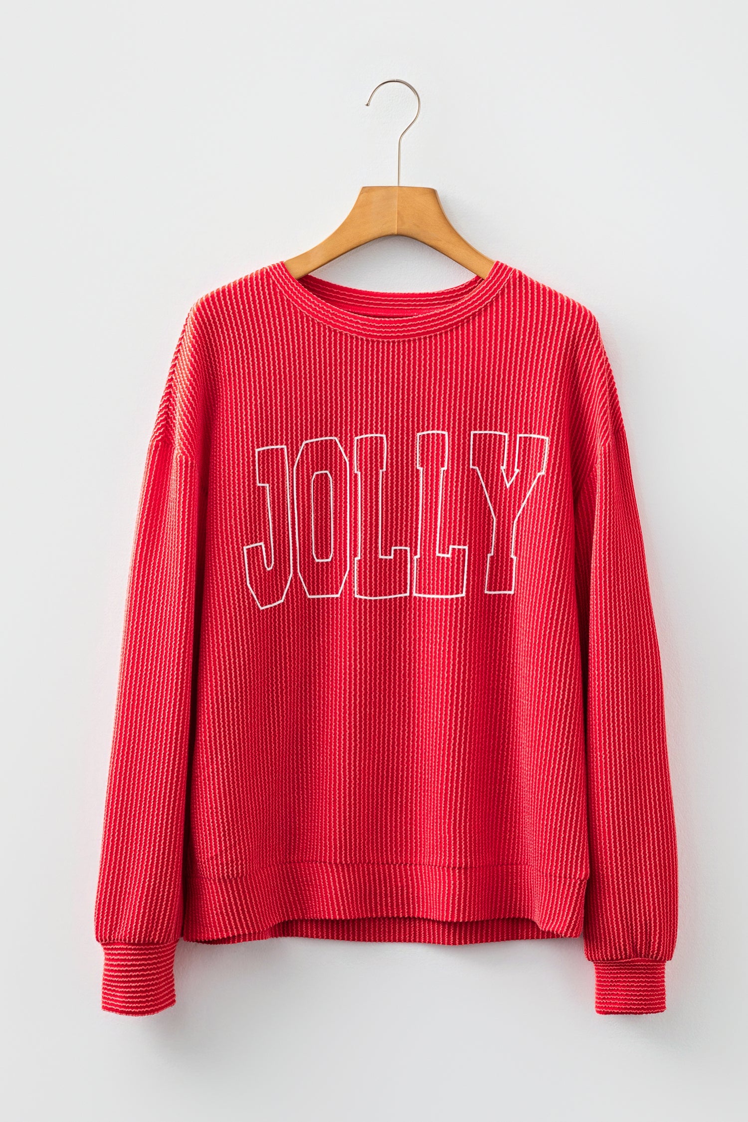 Racing Red Twisted Rib Outlined Merry Letter Graphic Loose Long Sleeve Top