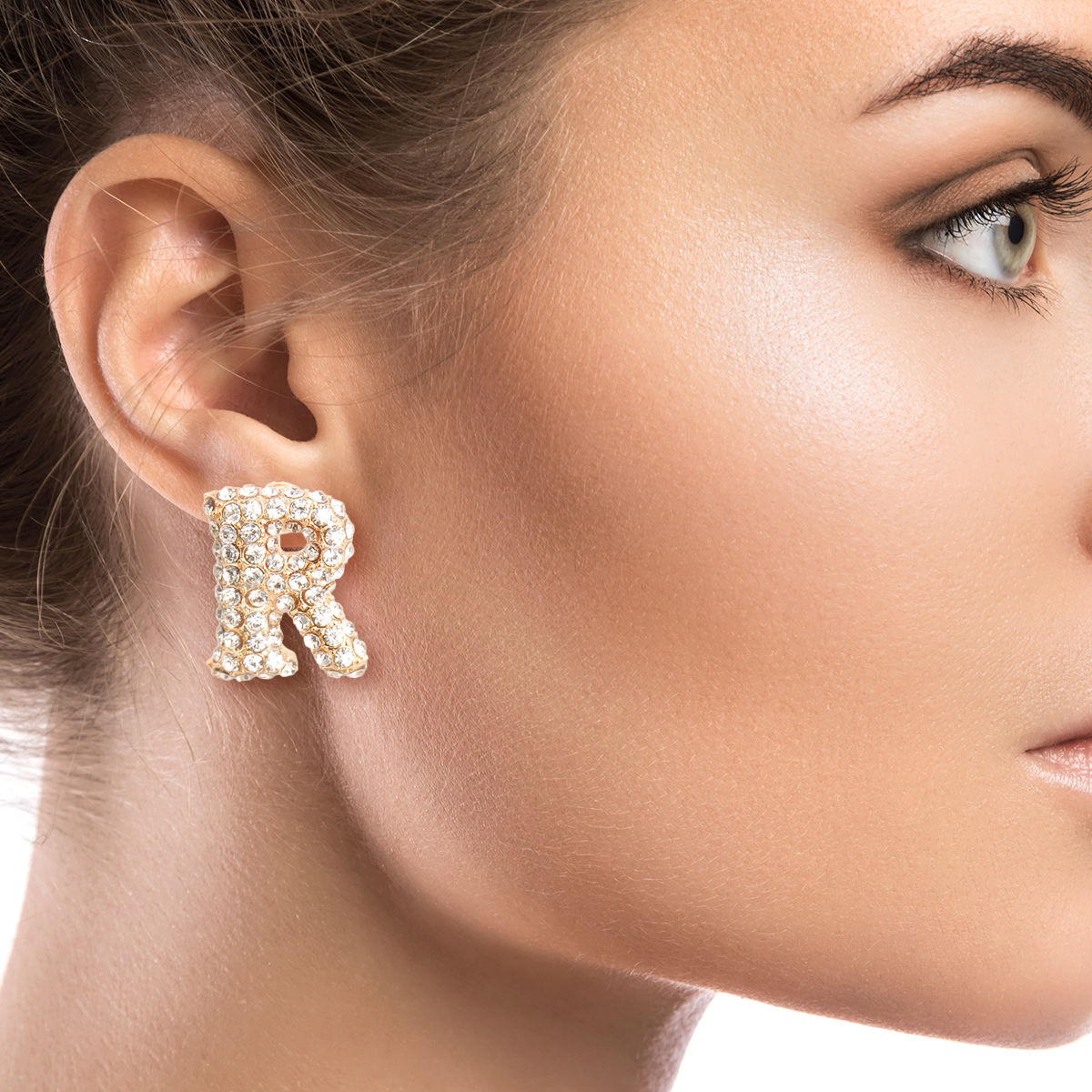 Rhinestone Stud Earrings Letter R Trendy Fashion Jewelry