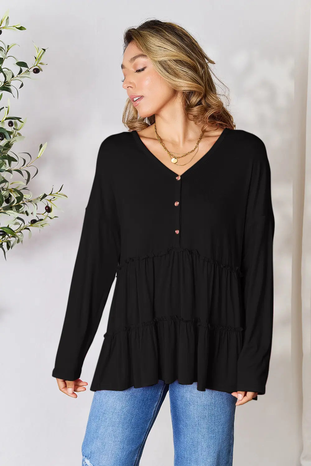 I am a Fashion Junky Take Half Button Long Sleeve Ruffle Hem Blouse