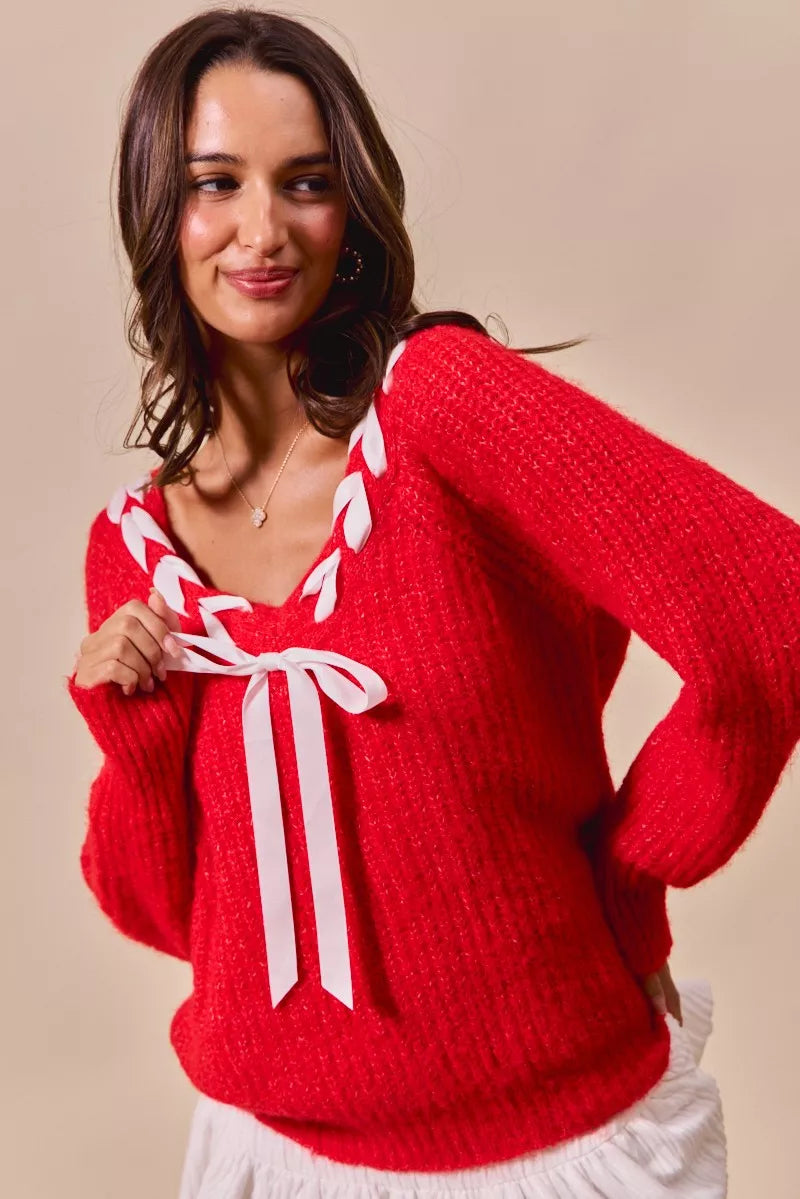 Satin Tape Braided Ribbon Tie V Neck Sweater