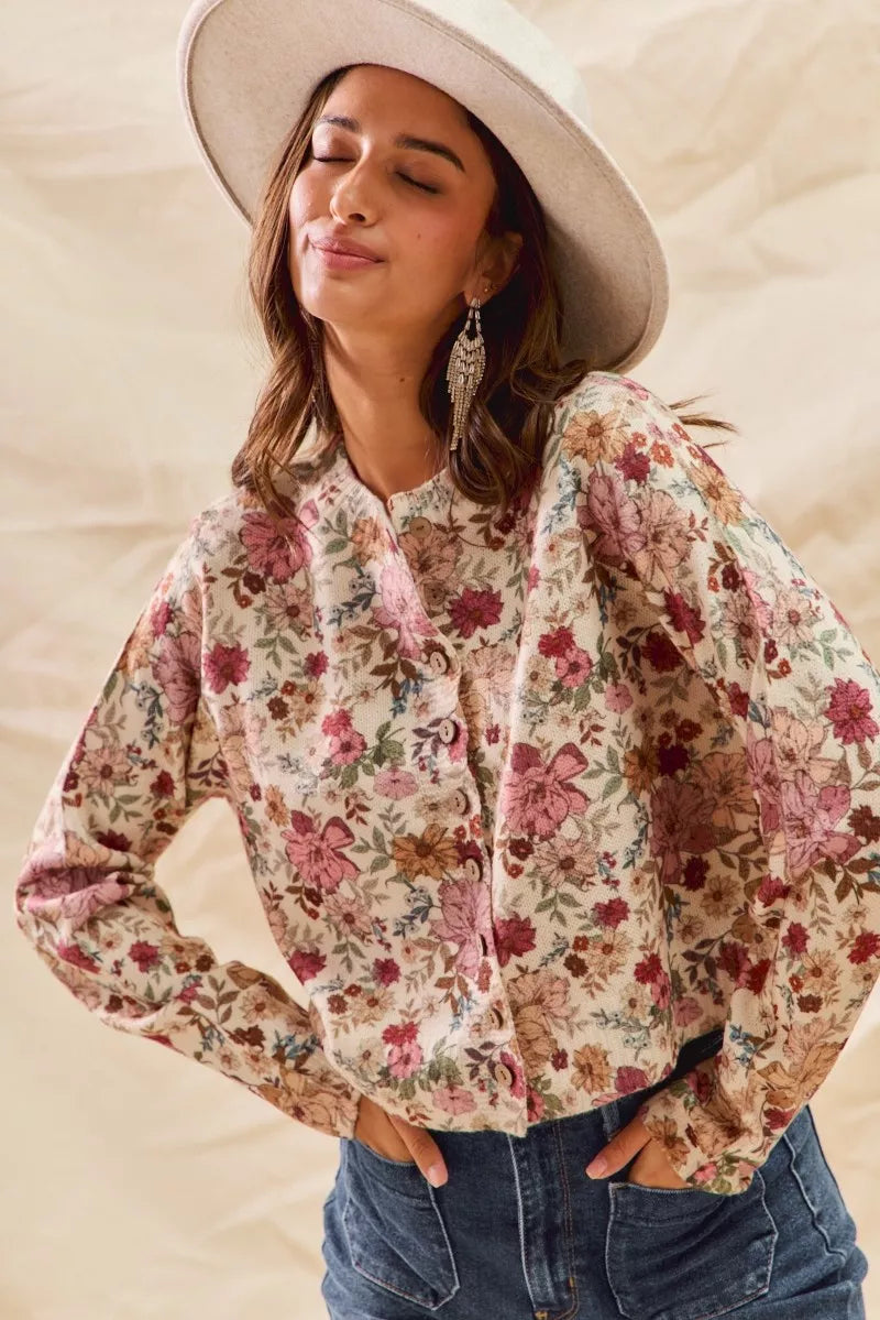 Floral Print Button Front Sweater Cardigan