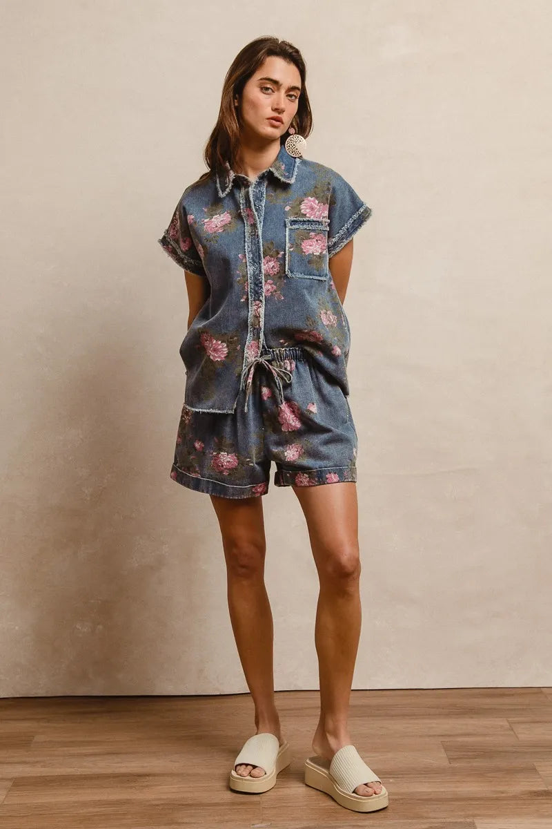 Floral Printed Denim Short Pants With Pocket