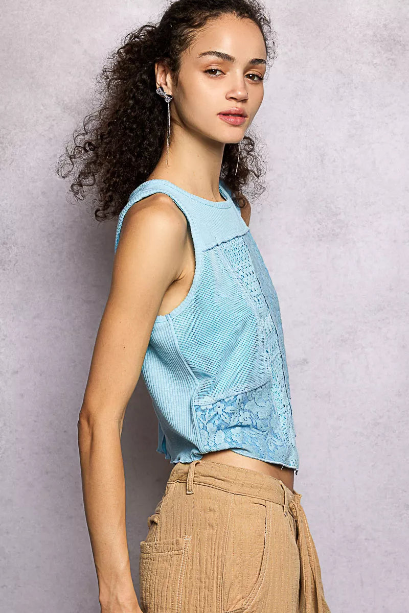 Ribbed Round Neck Cropped Tank with Lace Detail