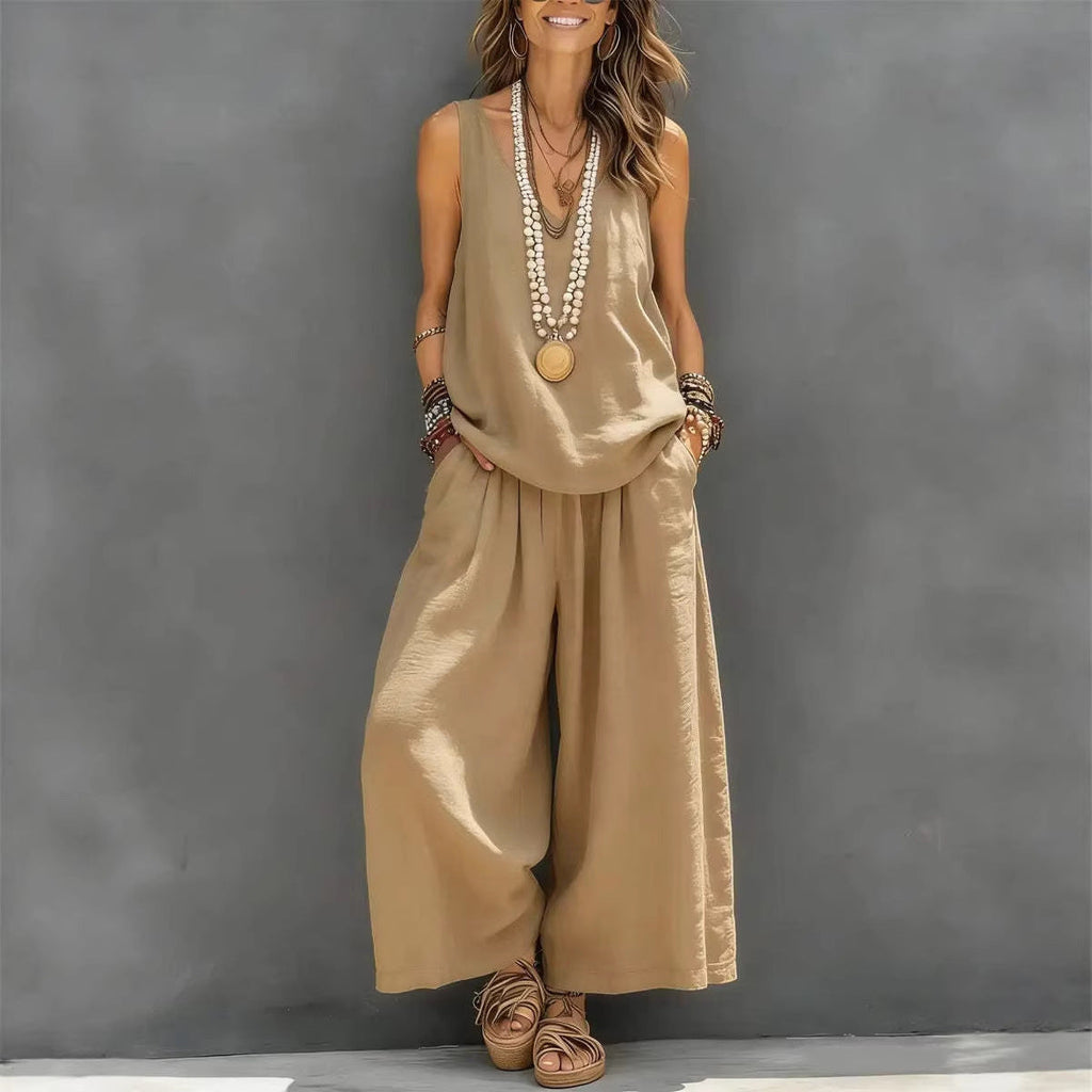 Womens Solid-Colored Casual Sleeveless Tank Top And Wide-Leg Pants Cotton-Linen Set