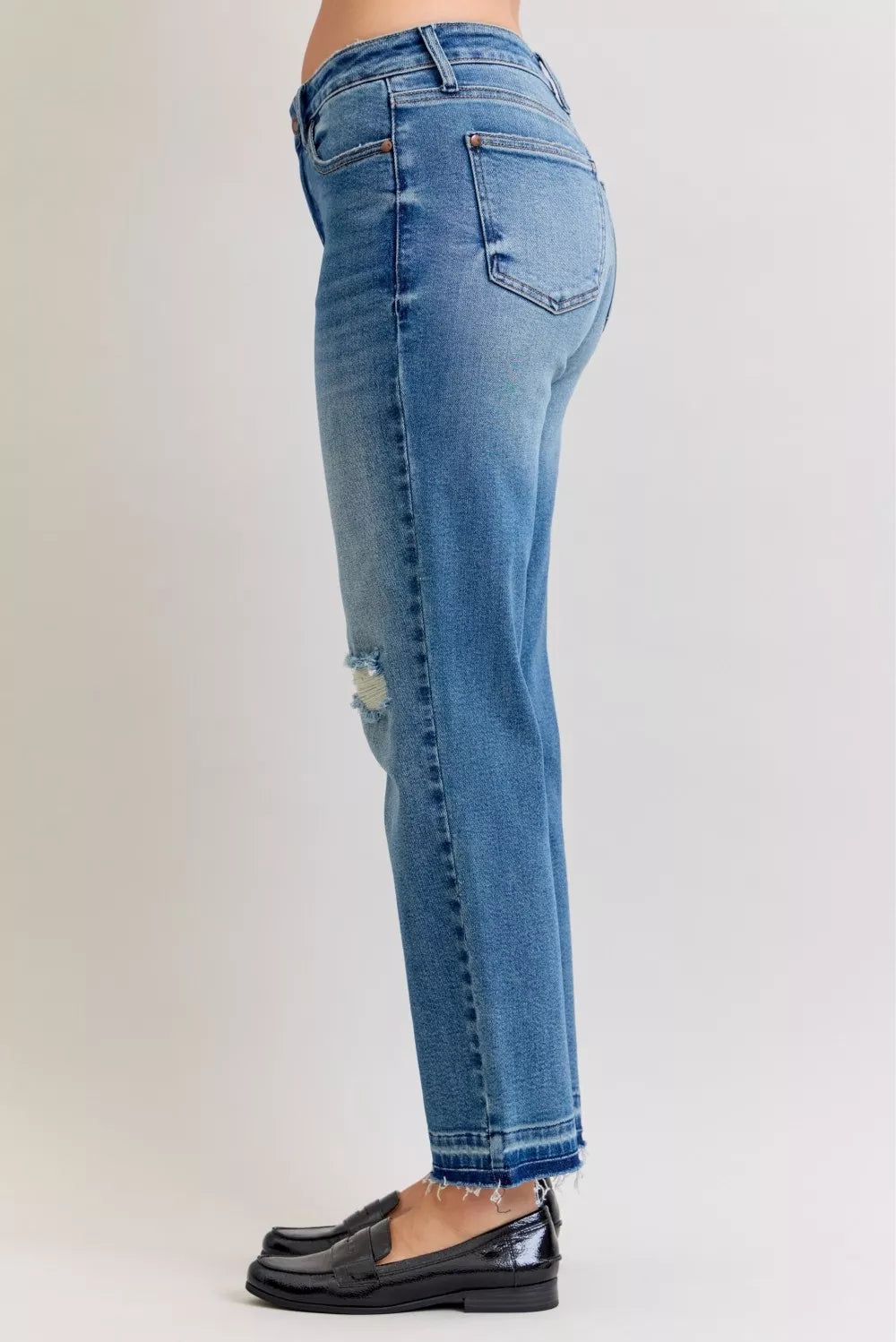 Full Size Mid Rise Bf Patch & Repair Destroy Release Hem Jeans Plus Size