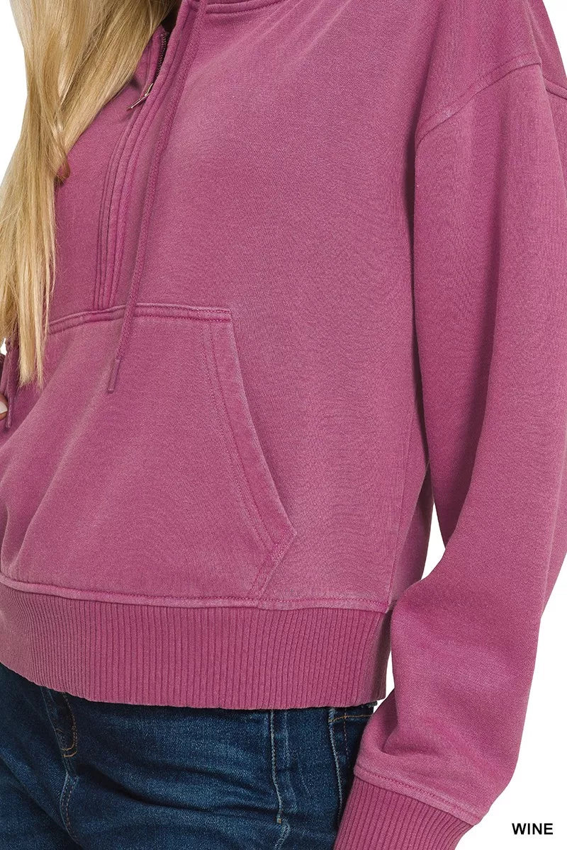 Fleece Pigment Dye Half Zip Kangaroo Pocket Hoodie