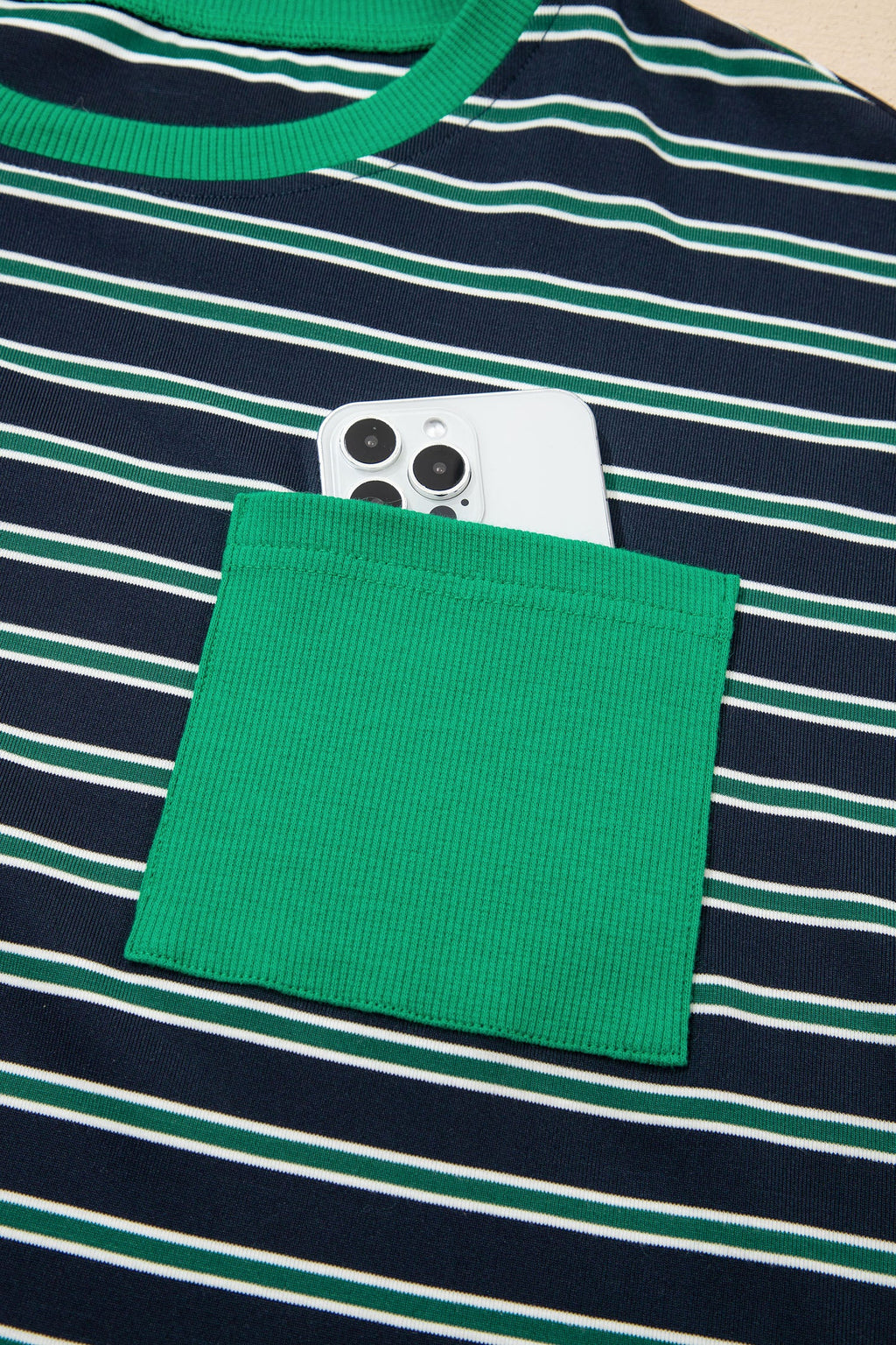 Green Stripe Ribbed Color Block Patchwork Crew Neck Patch Pocket Long Sleeve Top