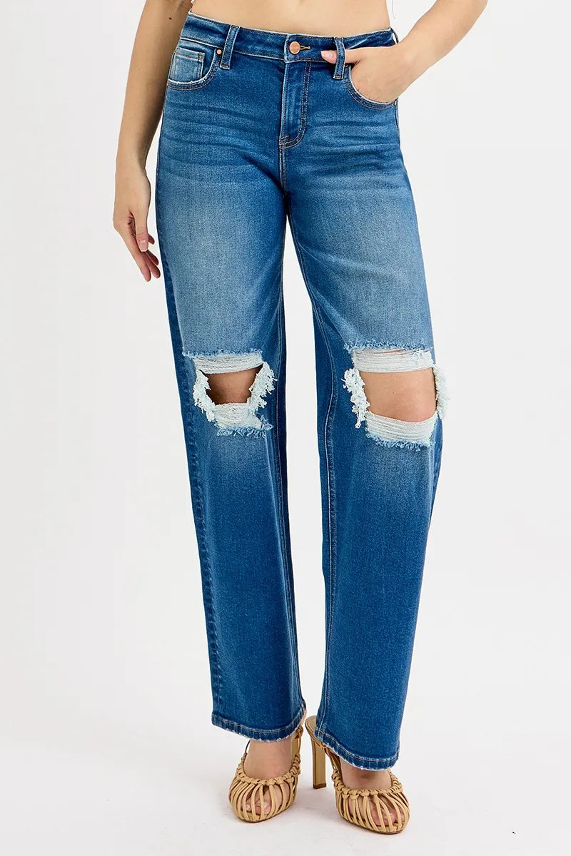 Full Size Mid Waist Fit Boyfriend Knee Distressed Jeans Plus Size