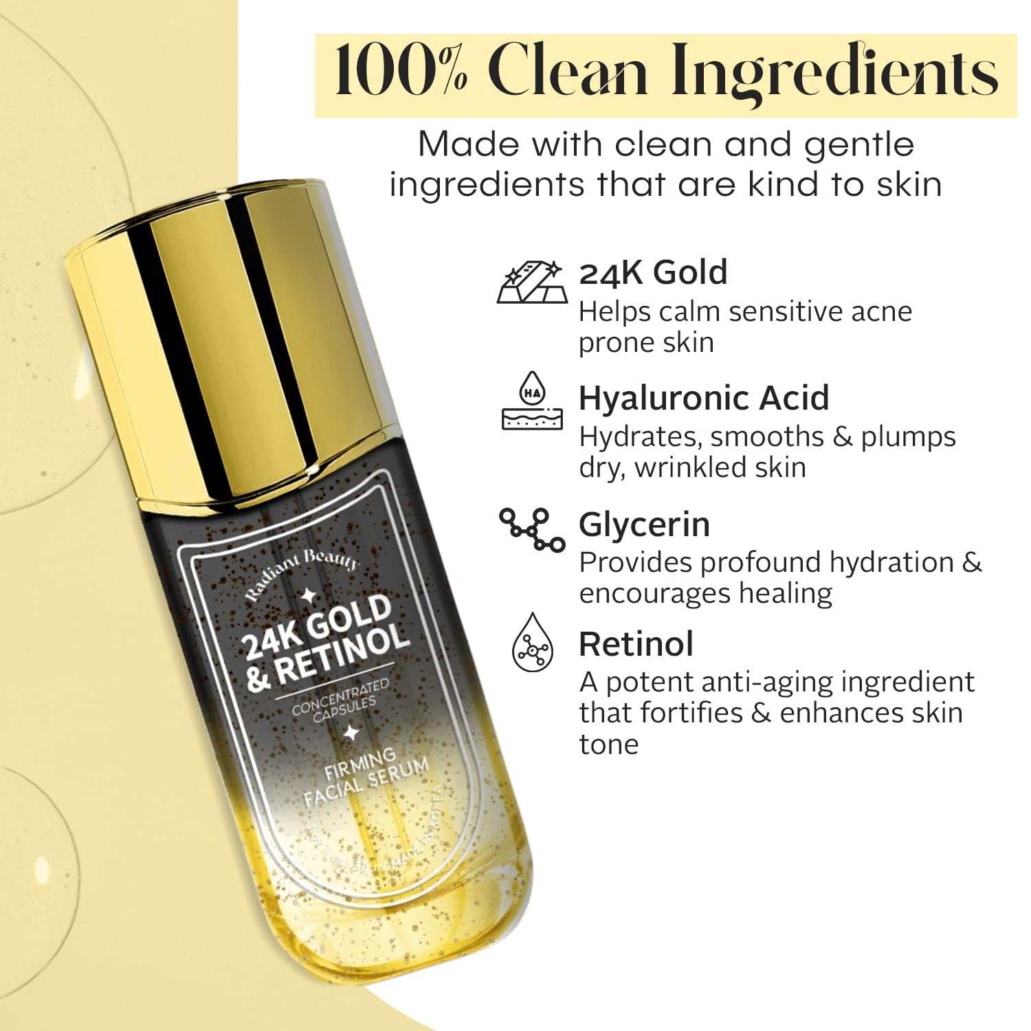 24K Gold & Retinol Firming Serum - Moisturizing, & Protecting - Reduces Dark Spots & Wrinkles - Dermatologist Tested, Korean Skin Care - 1.69 FL.OZ.