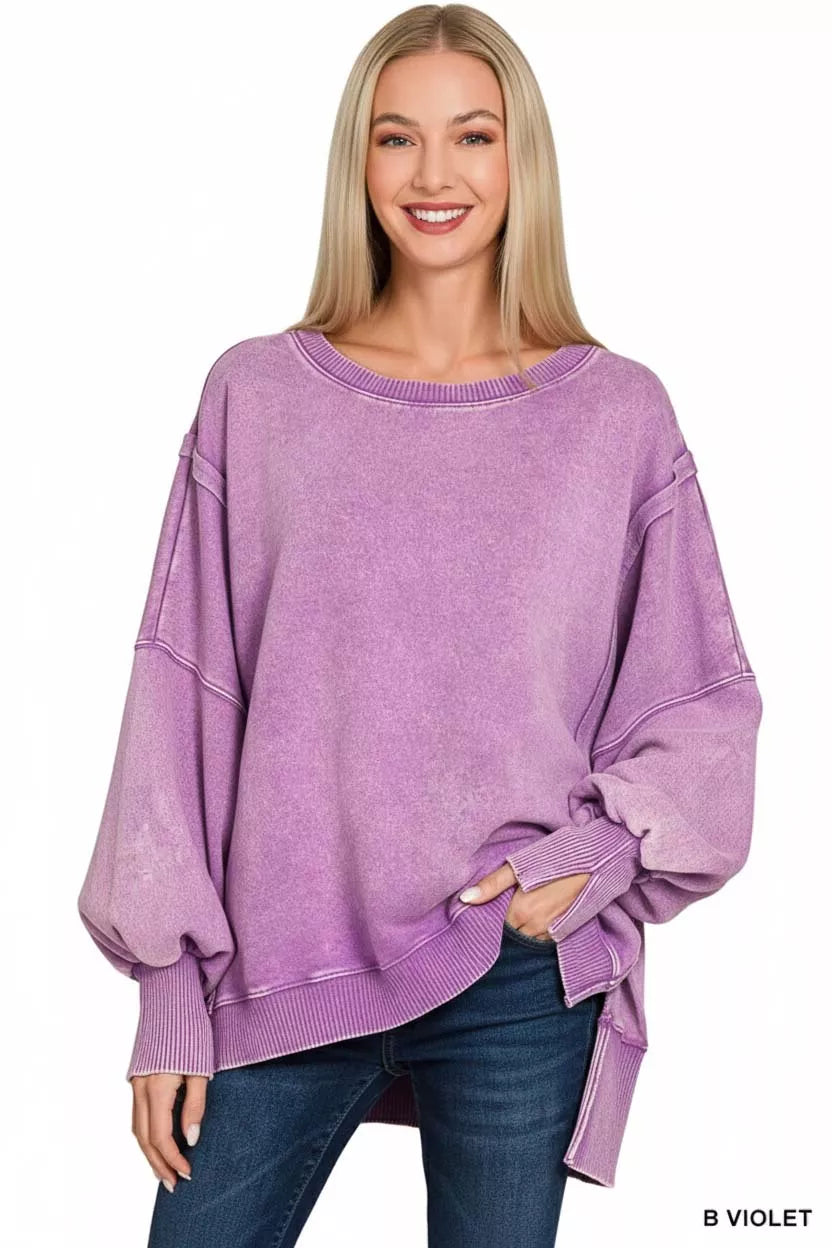 Acid Washed Batwing Sleeve Fleece Sweatshirt