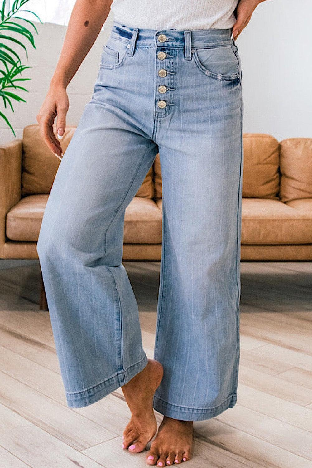 Beau Blue Multi Buttons Pinstripe Wide Leg Jeans