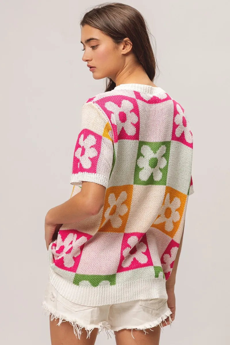 Flower Checker Pattern Lightweight Sweater Top