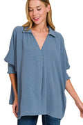 Airflow Collar Tee with Smocked Sleeve Band Top