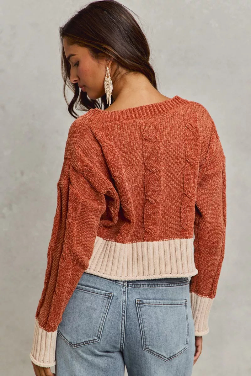 Chenille Cable Knit V Neck Contrast Cropped Sweater