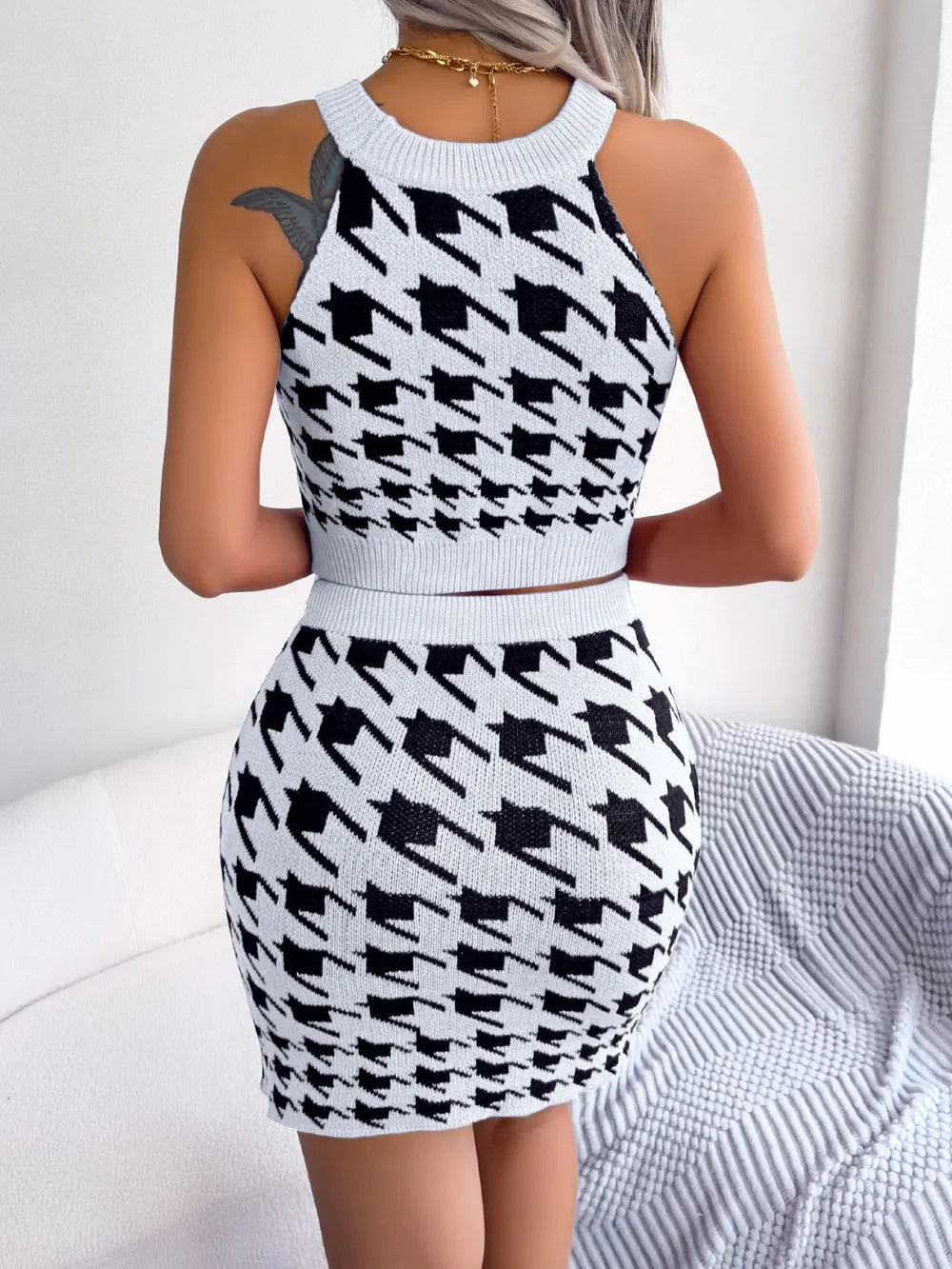 Houndstooth Sleeveless Top and Skirt Sweater Set See size chart under “more details”