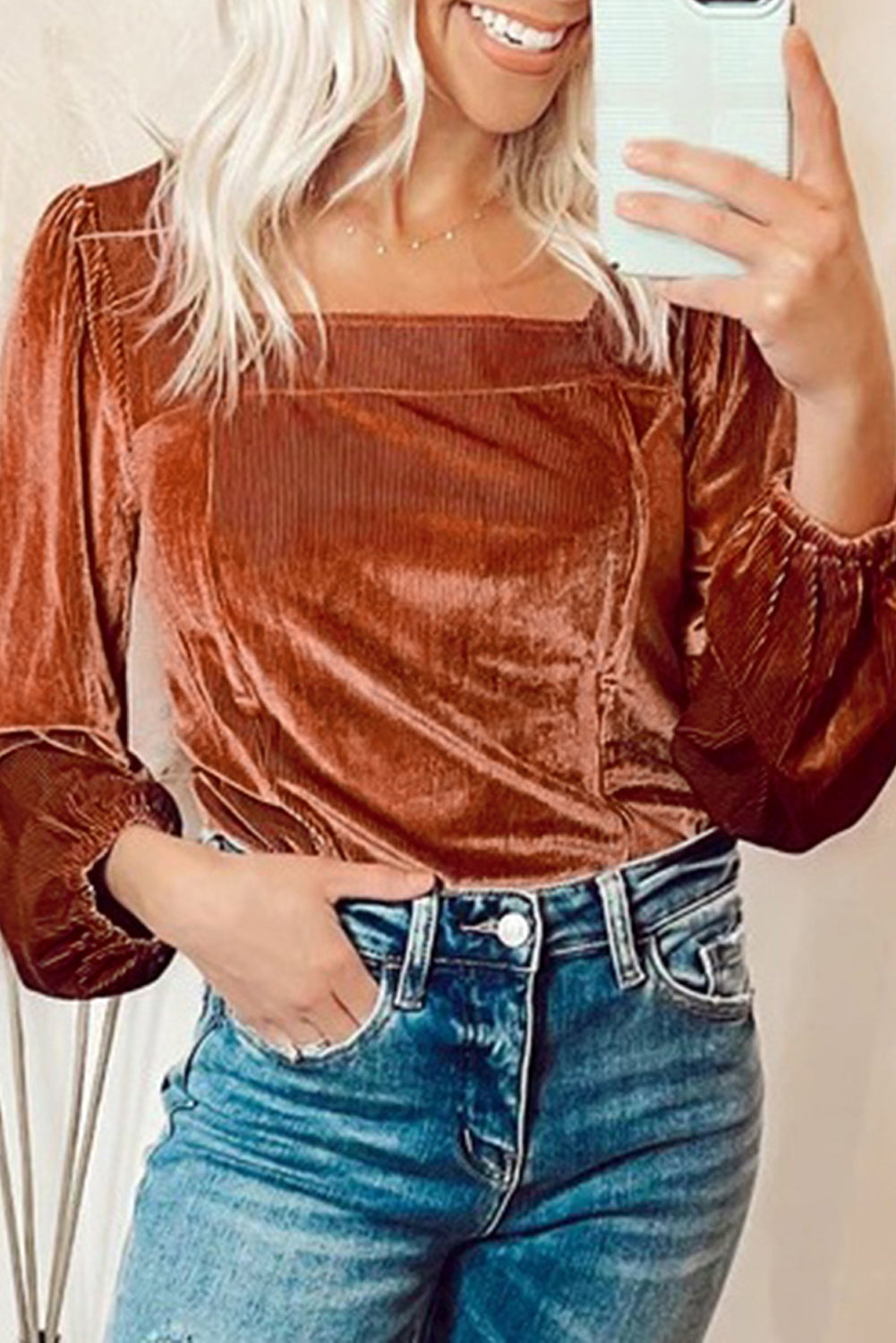 Clay Velvet Ribbed Texture Square Neck Slim Puff Sleeve Top