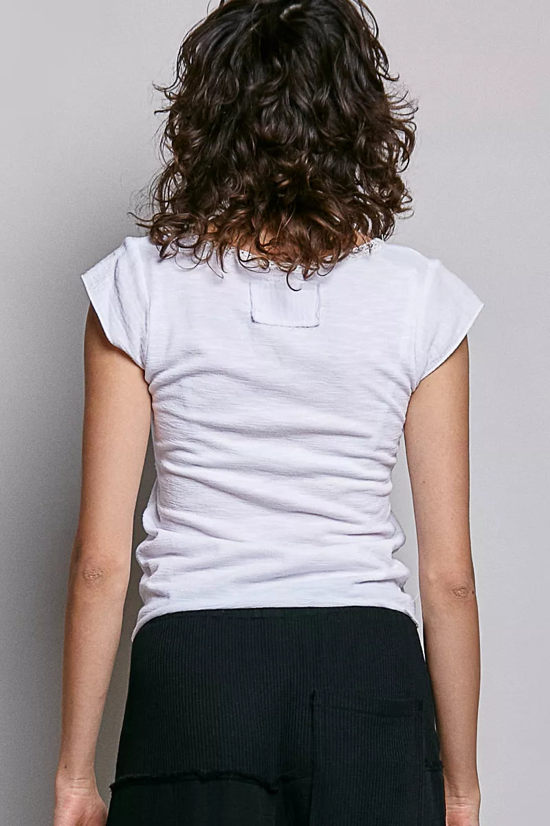 V-Neck Lightweight Textured Short Sleeve Knit Top with Lace Trim