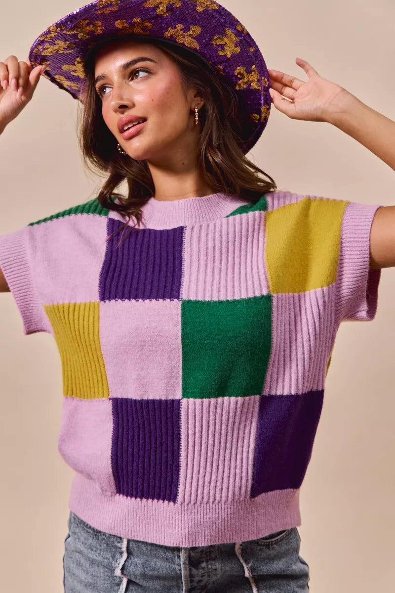 Mardi Gras Check Plaid Casual Sweater Top
