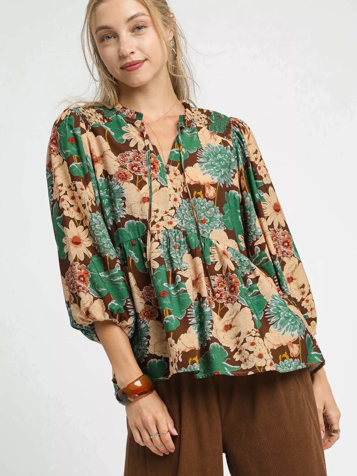Mix Floral Peplum Blouse with Tie Neck