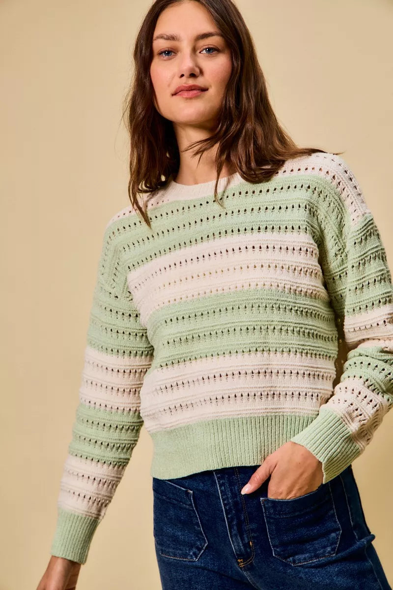 Openwork Round Neck Wide Stripe Textured Sweater