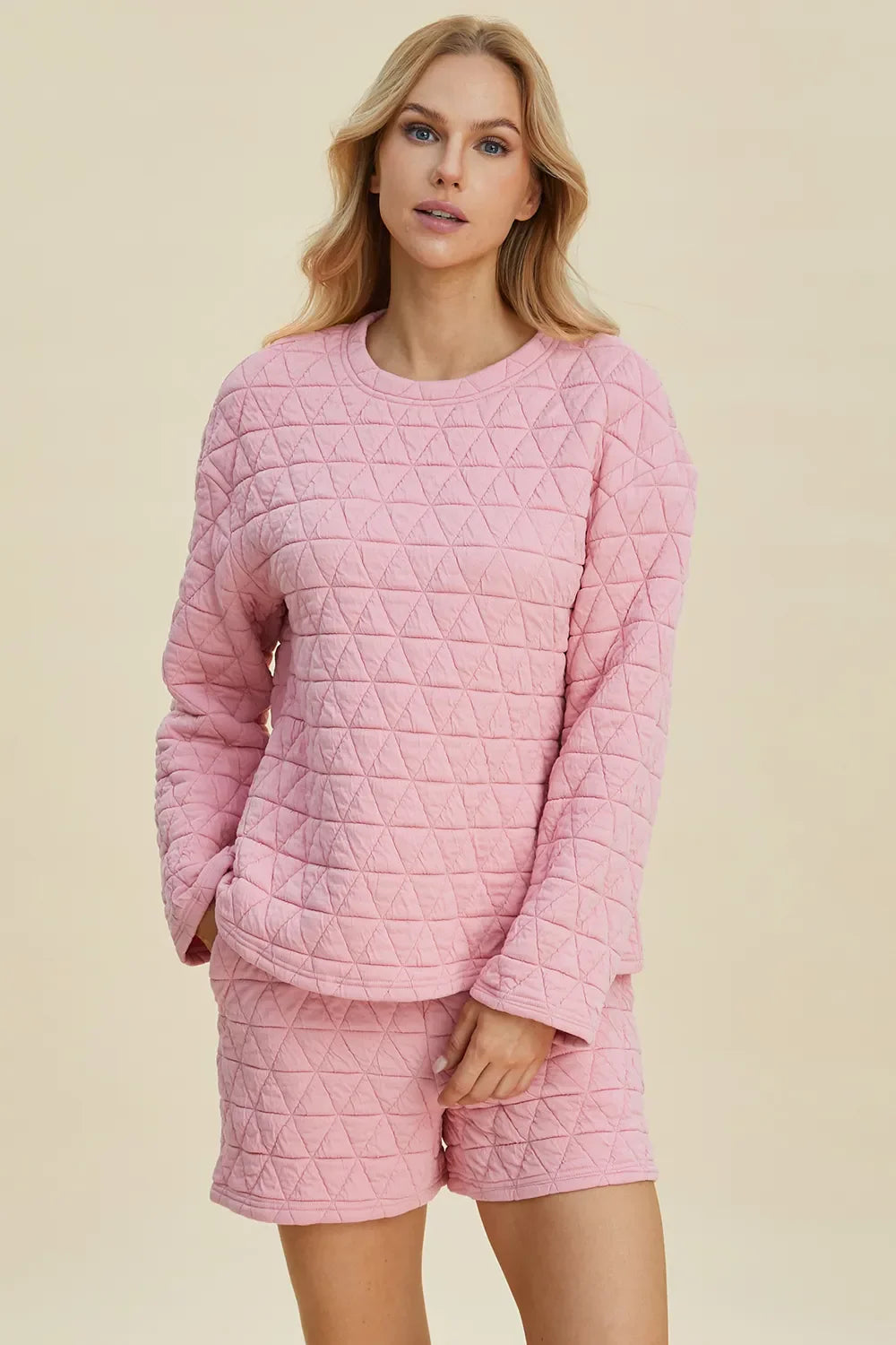 I am a Fashion junky Full Size Texture Round Neck Long Sleeve Top and Shorts Set