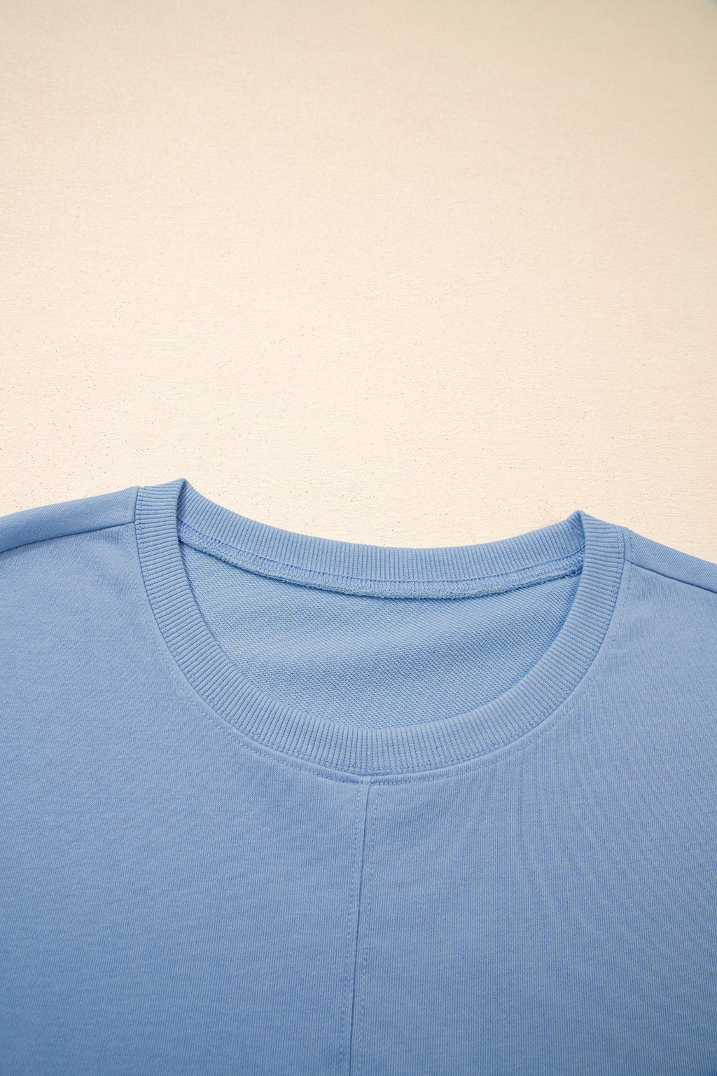 Sky Blue Solid Color Contrast Textured Patchwork Raw Edge 2pcs Short Set