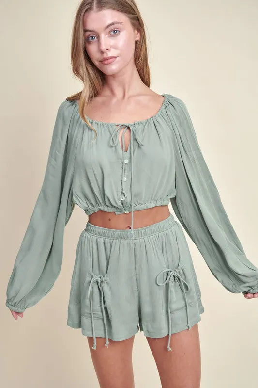 MABLE Gauze Long Sleeve Button Crop Top and Short Set