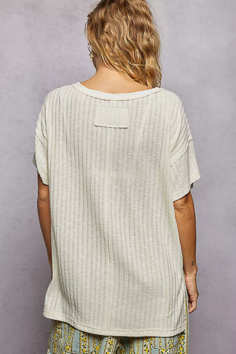 Ribbed Knit V-Neck Short Sleeve T-Shirt with Side Slit