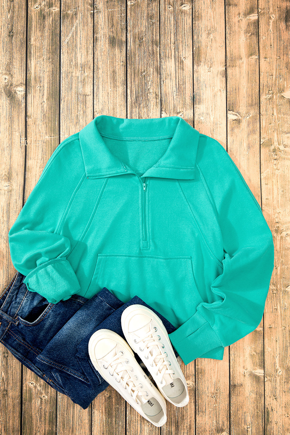 Quarter Zip Stand Neck Kangaroo Pocket Sweatshirt