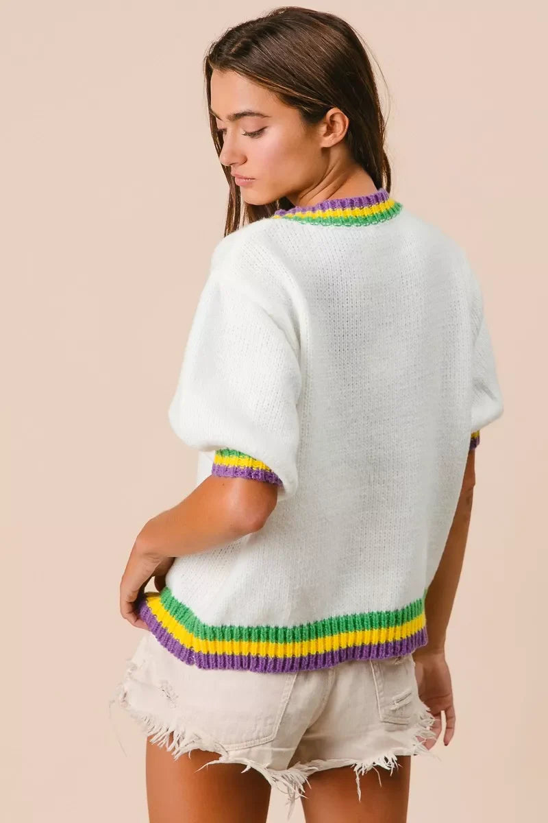 Short Puff Sleeve Ribbon Bow Mardi Gras Sweater