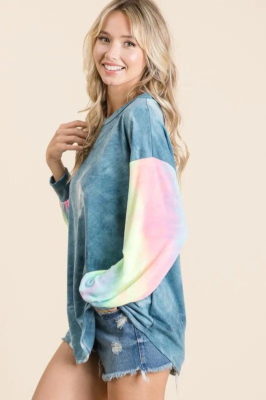 Tie Dye French Terry Top With Contrast Tie Dye