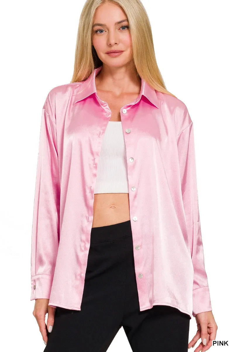 Satin Button Down Long Sleeve Shirt